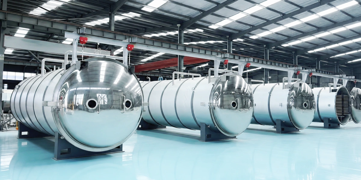 Large ton-scale industrial freeze dryer drying chambers lined up in manufacturing workshop for mass production